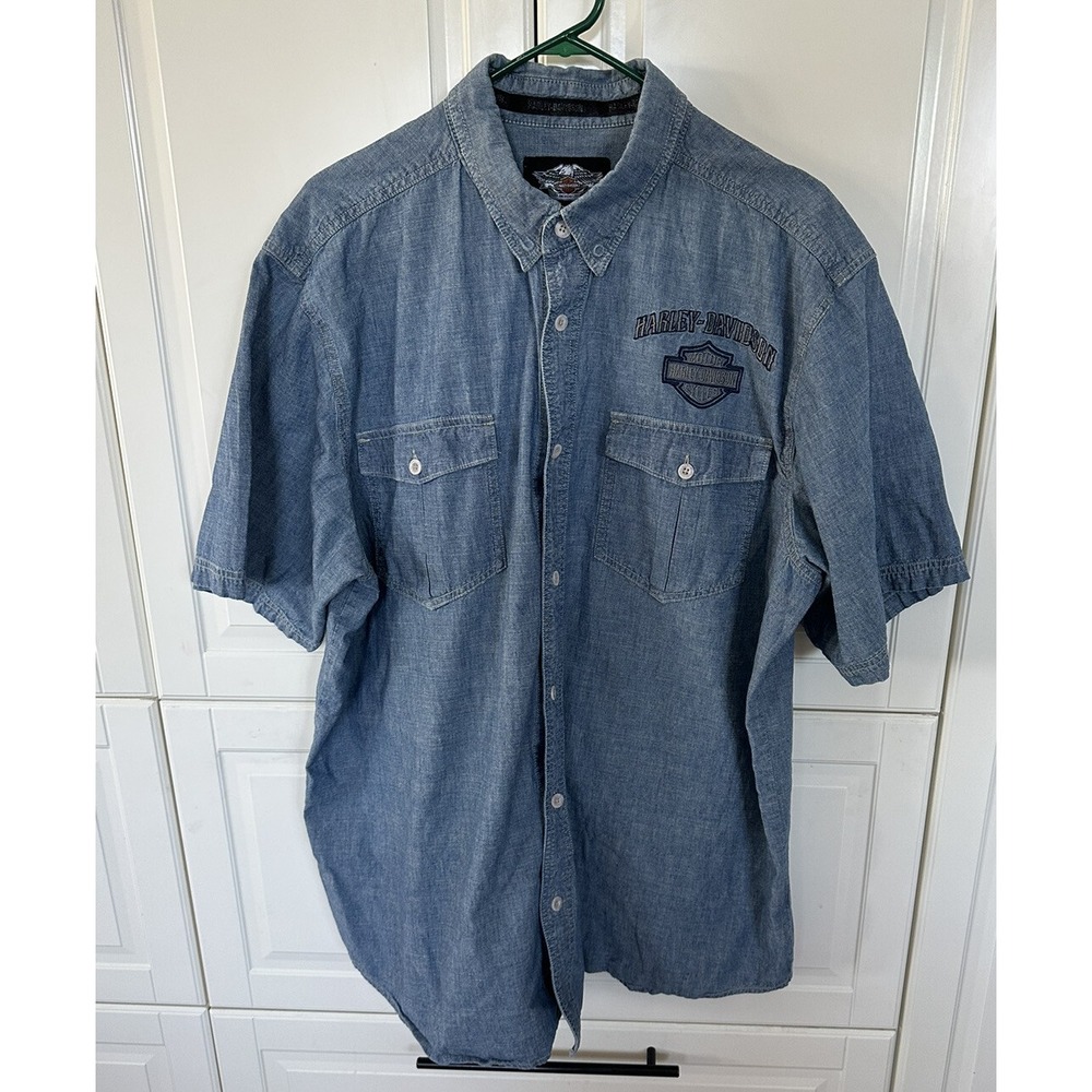 Vtg Harley Davidson Blue Denim Short Sleeve Shirt Size 2XL RN 103819 CA 03402